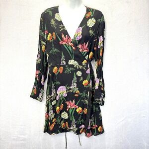 Zara Dark Floral Chiffon Wrap Dress Womens XL Short Tie Long Sleeve Lightweight